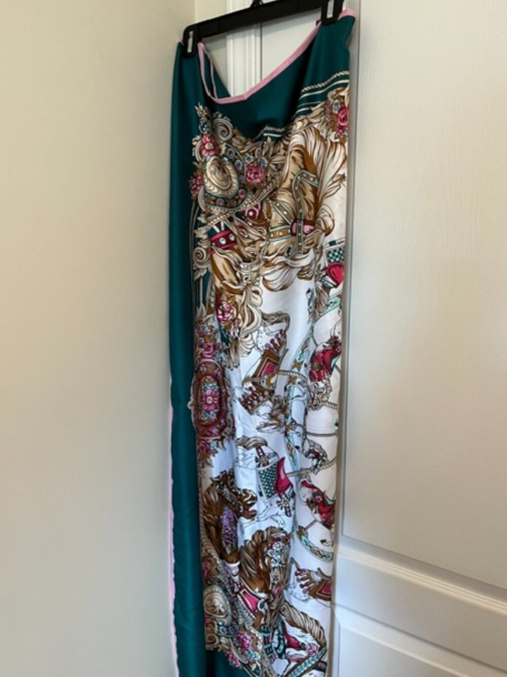 Teal green baroque print silk scarf.